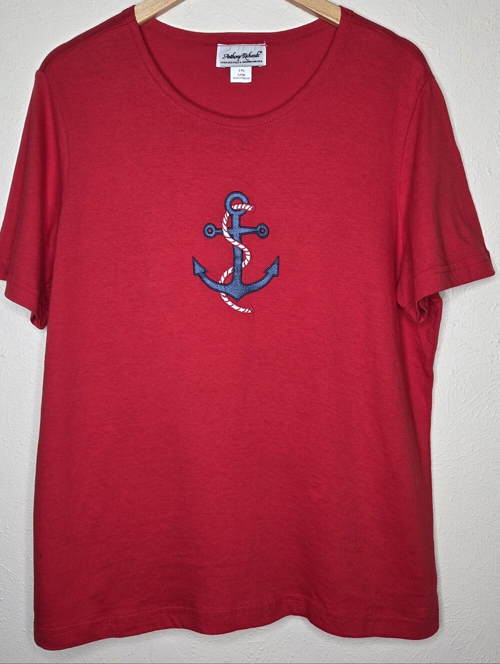 Vintage Red Nautical Anchor Embroidered Tee Coastal Cotton Top Large